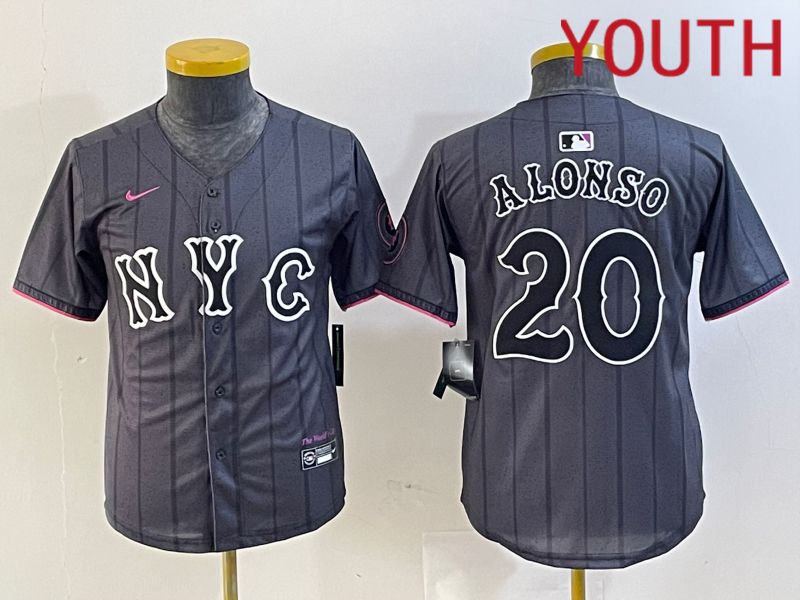 Youth New York Mets #20 Alonso Black City Edition 2024 Nike MLB Jersey style 1